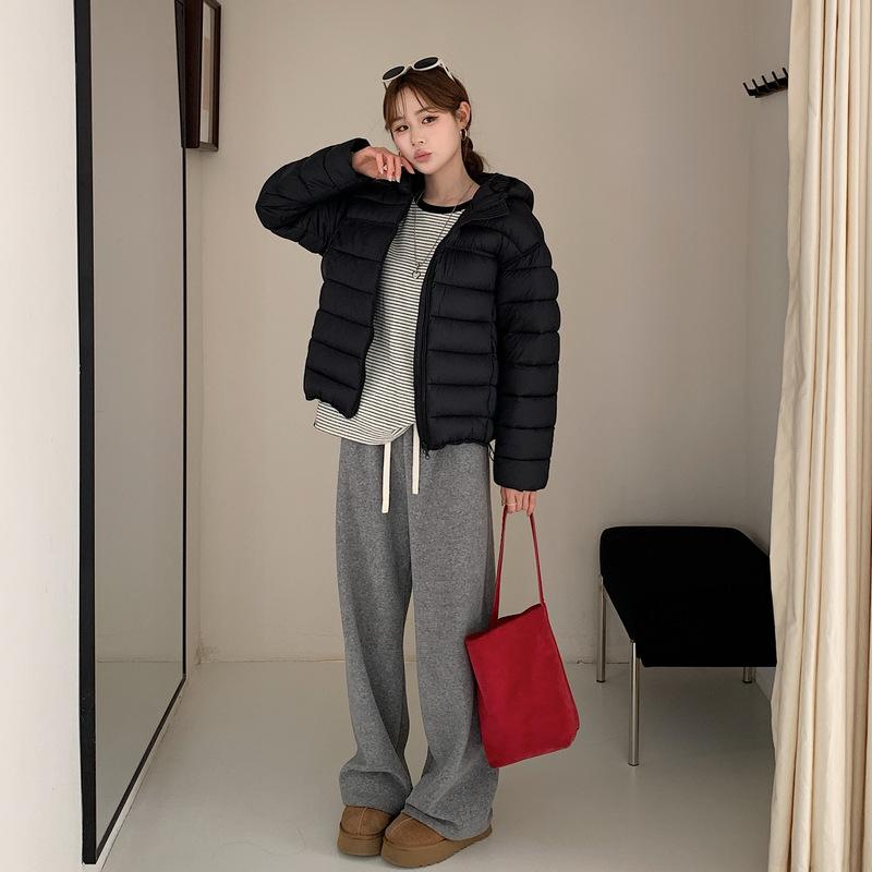 Winter new women's light and thin puff cotton clothes fashion casual hooded ribs cotton clothes jacket