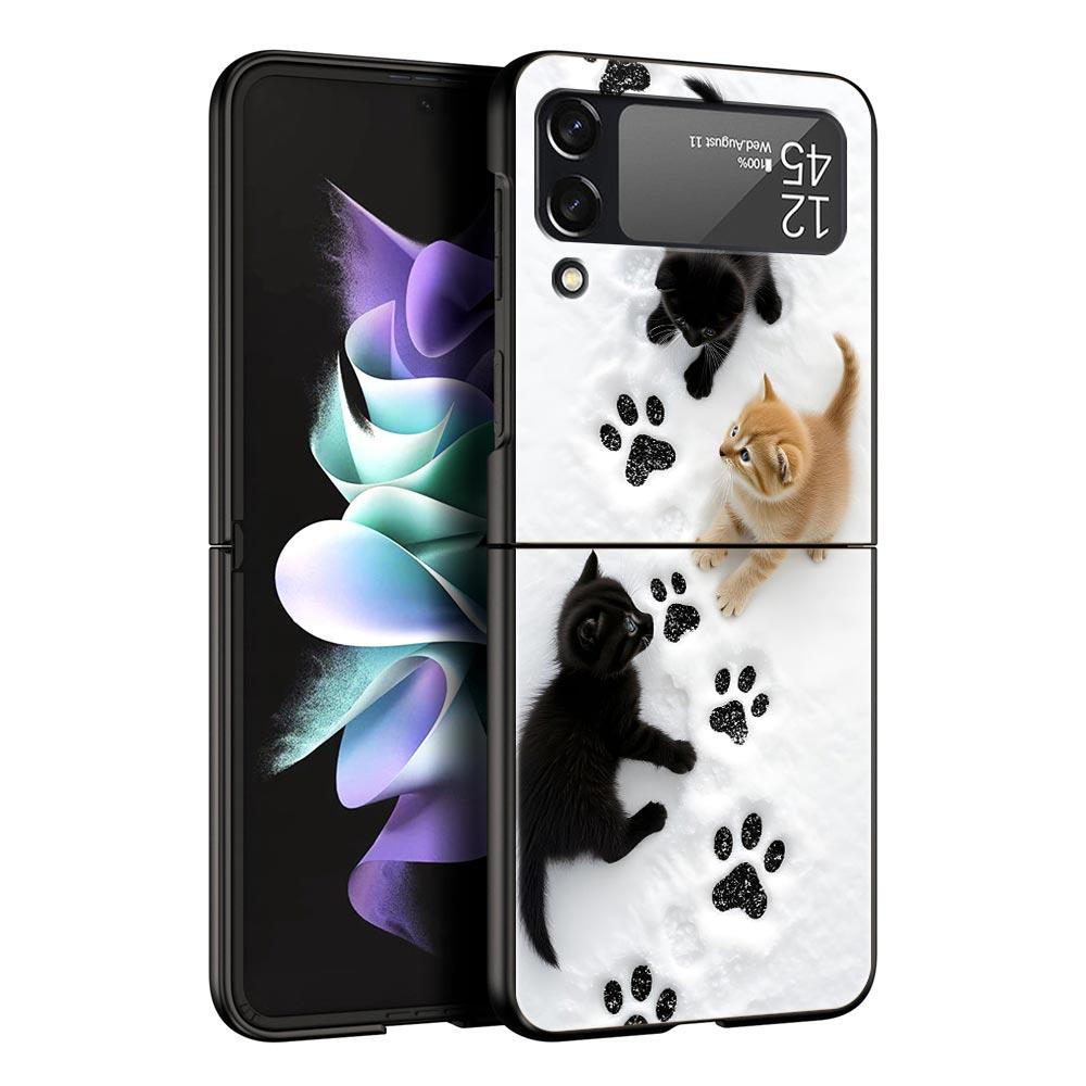 Cute Cat Hard PC Phone Case For Samsung Galaxy Z Flip 7 6 5 4 Black Cover For Galaxy Z Flip 3 Foldable Fundas Shell Capas Bags