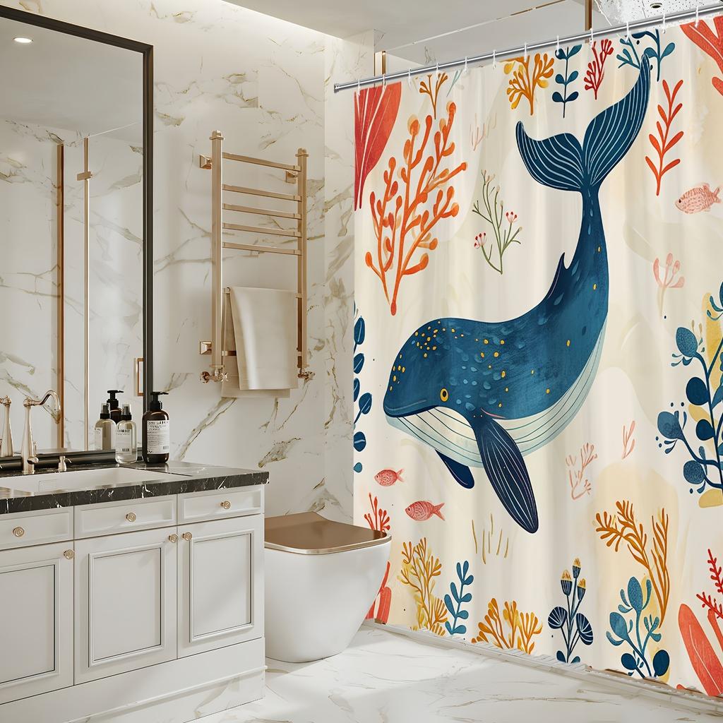 Whale Underwater Shower Curtain – Ocean Scene, Blue Whale, Coral Fish & Sea Plants, Hand-Drawn Style, Polyester