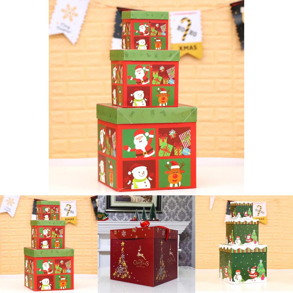 Premium Large 3pcs Christmas Gift Box With Lid  Ribbon Xmas Present Square Box