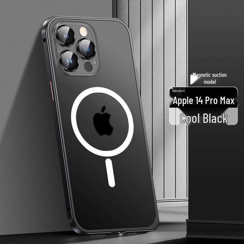 Cross13 Magnetic Metal Frame Phone Case with Lens Protection for Apple 14 - Drop-proof, Frosted, Semi-transparent, Creative Design.