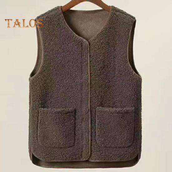 Women Fall Spring Vest Round Neck Thick Fleece Pockets Solid Color Sleeveless Zipper Closure Retro Warm Office Street Home Vacation Layering