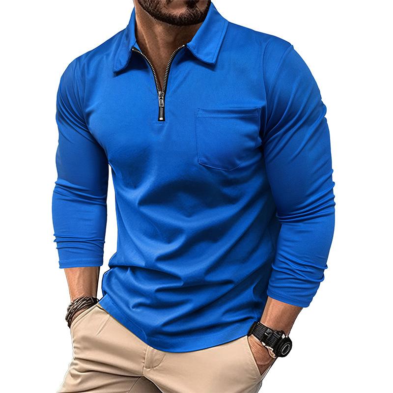 Men's Sports Polo Shirt Fashion Solid Colour Men's Long-Sleeved Zip-Up Collar Top