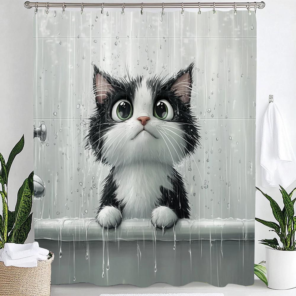 Cartoon Niedliche Katze für Badezimmer Duschvorhang, Dekorativer Duschvorhang, Bedruckter Stoff Vorhang für Zuhause Mit Haken