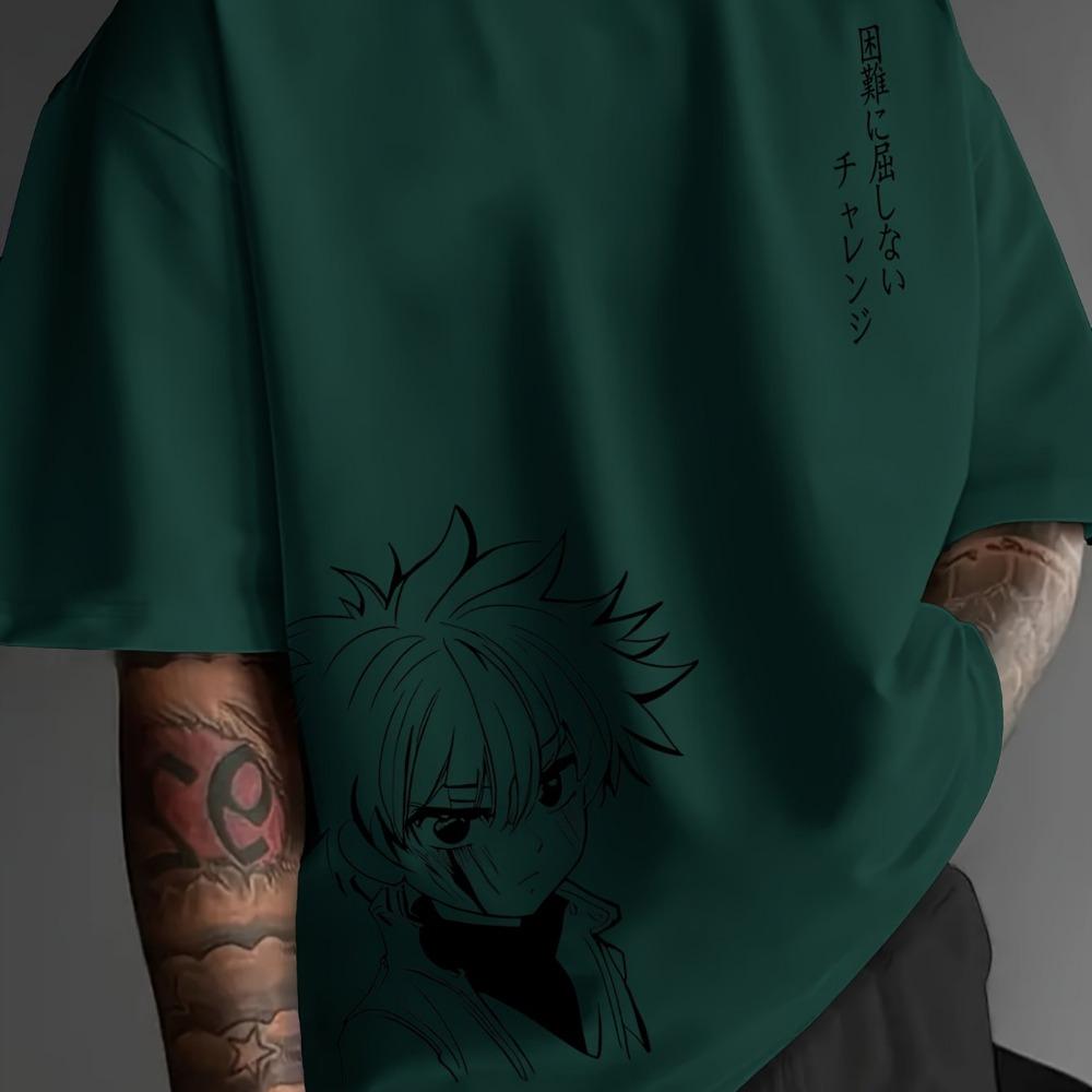 Men's Fashion Casual Loose Japanese Anime Character Pattern Printed Round Neck Short Sleeved T-shirt Top
