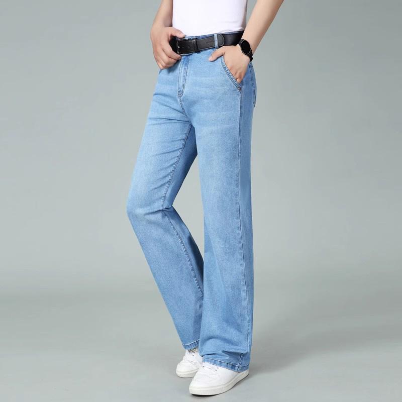 Men's Large Size Mid-Rise Elastic Loose Jeans Men's Casual Straight Light Blue Jeans