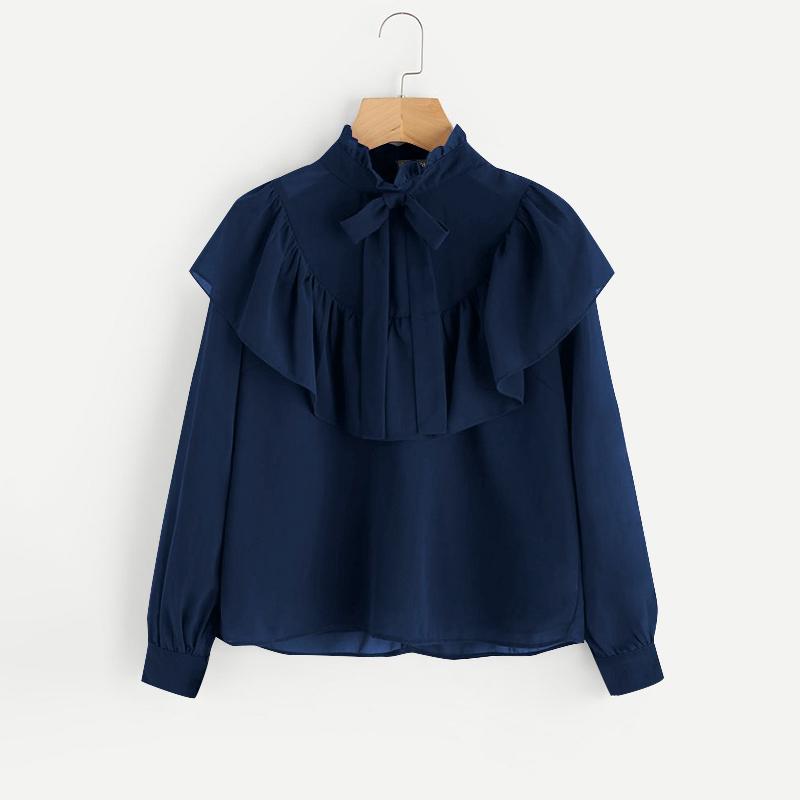 ZANZEA Women Spring Ruffled Round Neck Long Sleeve Tie Blouses