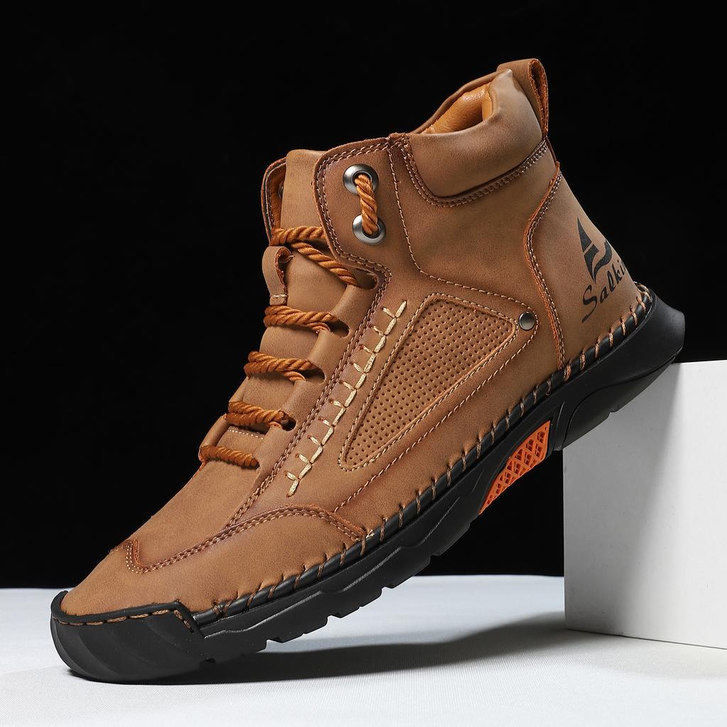 Large-size men's high-top leather boots Hand-stitched ankle boots Flat-soled lace-up casual shoes
