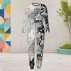 Women Plus Size Geometric Printed Two Piece Set Round Neck Long Sleeve Cuffed Top And Pants With Pockets