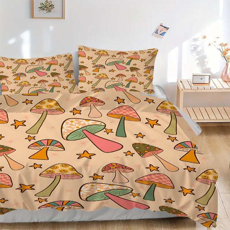 3pcs Mushroom Star Bedding Set, Includes Without Pillow Inserts, Soft Comfortable Bedding Set,All-Season Use A0924031
