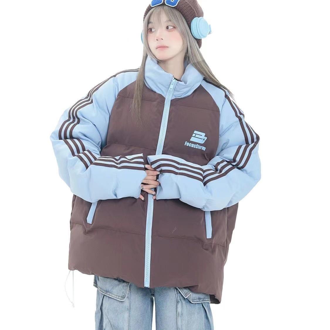 

Зимняя новая одежда с трехцветной вставкой и воротником-стойкой, женская зимняя свободная утолщенная одежда-хлеб XXXL