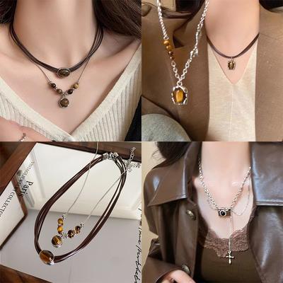 Vintage Leather Brown Stone Pendant Necklace Stacking Choker Temperament Clavicle Chain For Women Girl Autumn Winter Necklace