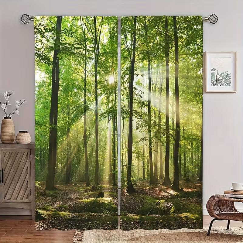 

2 шт. Шторы с рисунком «Природа, зеленый лес и солнечный луч», Дизайн для блокировки света, Премиальный материал, Подходят для гостиной, Будьте 24x59in(60x150CM)x2&Rod Pocket