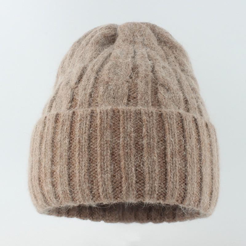 Womens Winter Angora Knit Beanie Hat With Long Rabbit Fur Trim Cable Rolled Edge Solid Color Warm Cozy