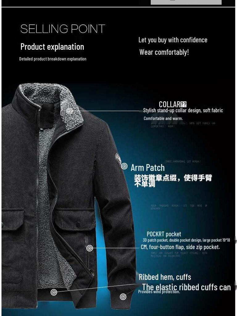 Men's Corduroy Stand Collar Jacket - Winter 2025. Warm Lambswool Lined, Casual Loose Fit Workwear.