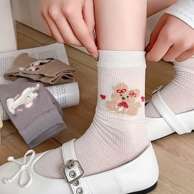 Female Summer Thin Section Breathable Absorb Sweat Contracted Lovely Cartoon Solid Color In Tube Socks