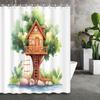 Watercolor Cartoon Forest Cabin Shower Curtain – Decorative Bathroom Partition with 12 Hooks, Home Decor