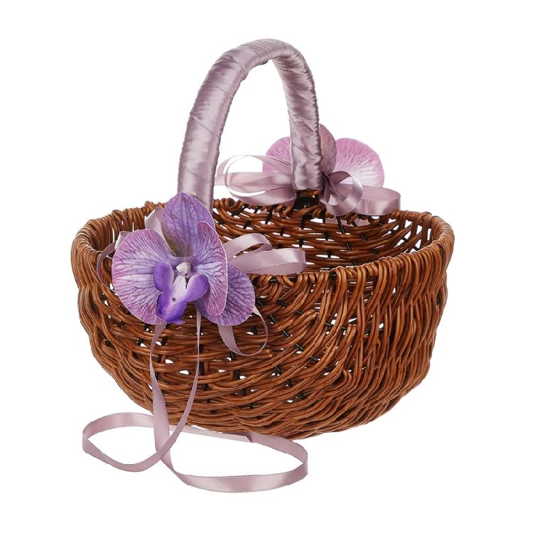 Fashionable Small Wicker Flower Girl Baskets with Pearls Detailing and Ribbon for Wedding Decoration and Candy Storage