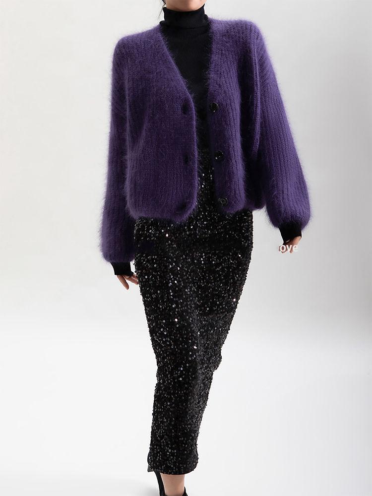 European & American Style Purple Faux Mink Velvet V-Neck Long-Sleeve Knitted Cardigan Sweater