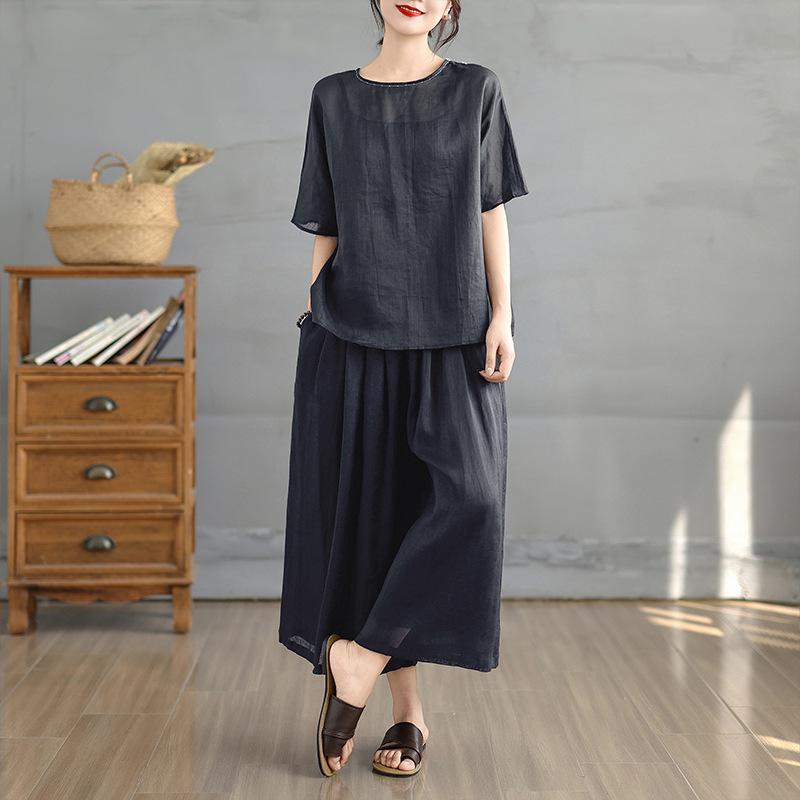 

Summer 2025 Artistic Retro Cotton-Linen Round Neck T-Shirt Extra Large чёрный
