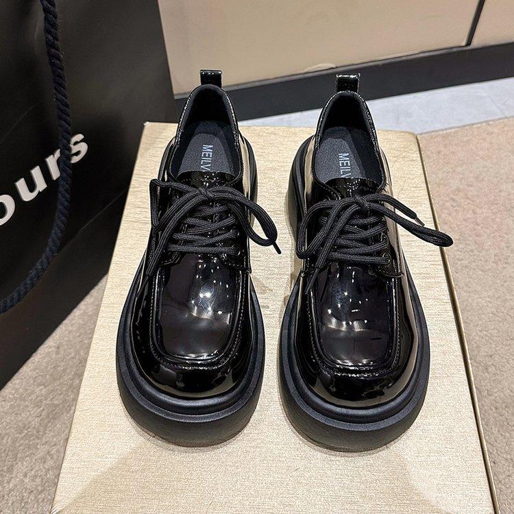 

Маленькие кожаные туфли в британском стиле, женские, весна 2025, новые японские туфли jk round head, черные, на толстой подошве, на высоком каблуке 35