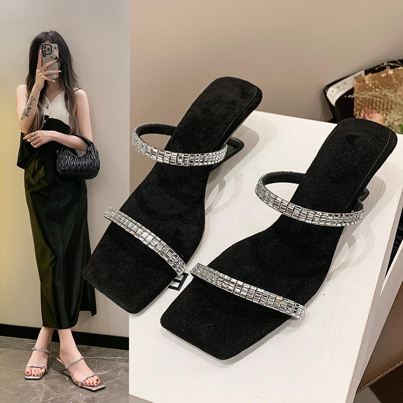 Fashion Summer New Style Fashion Comfortable Casual Sandals Square Toe Rhinestone Wear-resistant Slippers Slippers Women  Womens Shoes