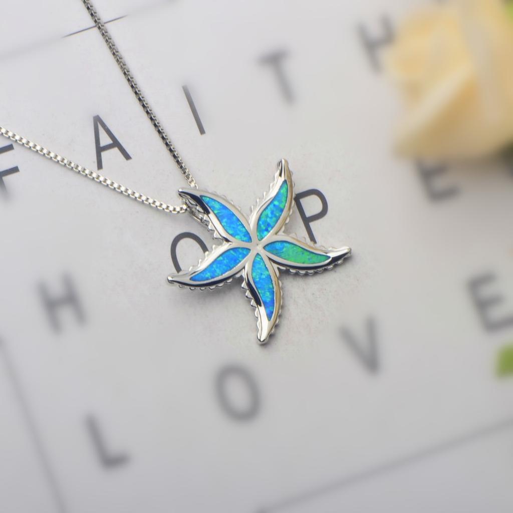 Hawaii Beach Starfish Women's Lab Created Blue Opal Silver Plated Copper Alloy Box Chain Necklace for Anniversary