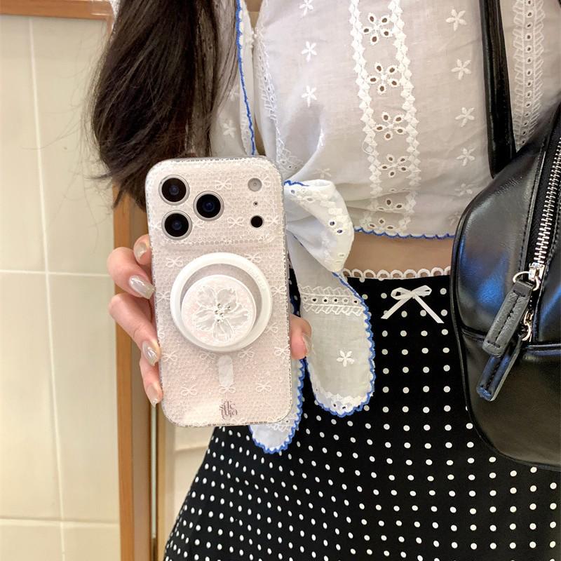 Lily Flower Magnetic Phone Case for iPhone 17/16 Pro Max/15/14 - Women's Powder Grid Bow Design