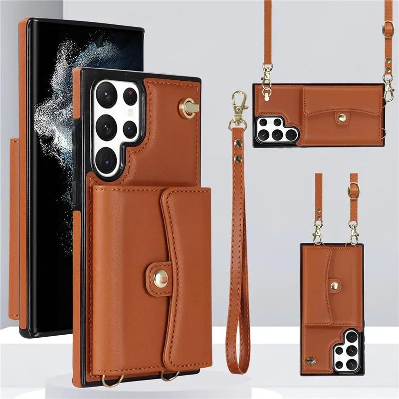 Lanyard Leather Wallet Phone Case for Samsung Galaxy S25 S24 Plus S23 FE S22 Ultra S21 S20 S10 Note 20 Flip Stand Cover Back Bag