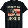 Sale Hook On Jesus Bass Fishing American Flag Religious Christian T-Shirt S-5Xl