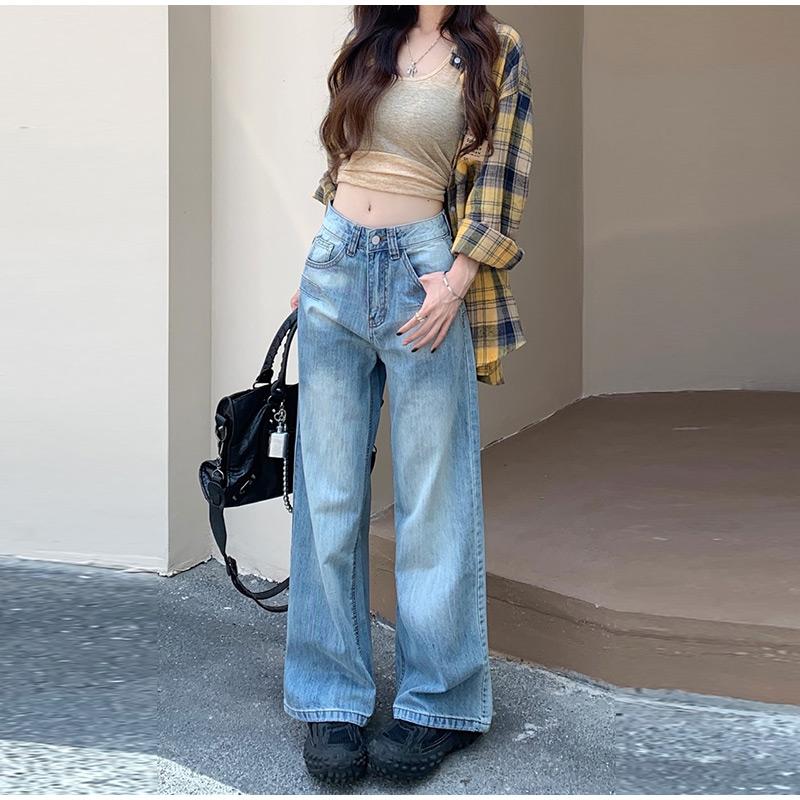 High Waist Straight Leg Jeans Women's Early Spring Plus Size Pear Shaped Body High Street Wide Leg Long Denim Pants