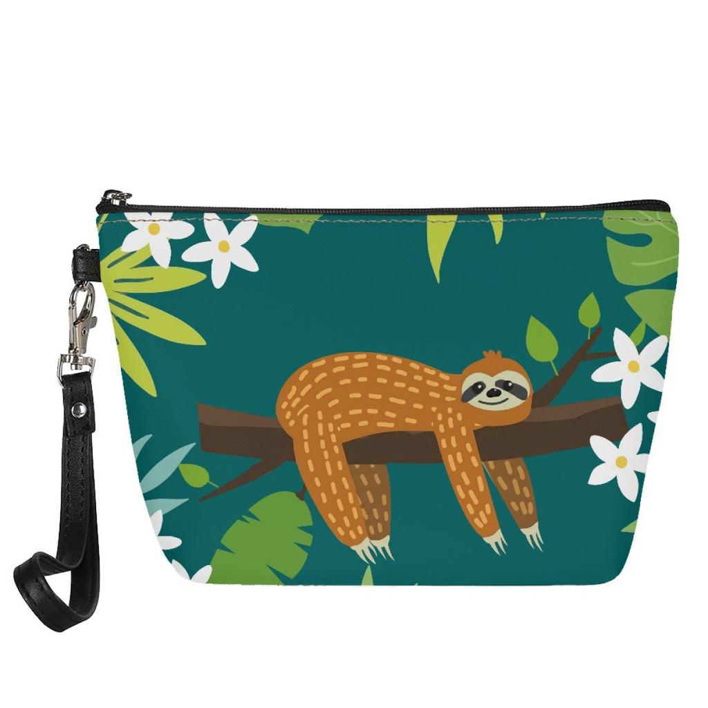 Ladies Custom Pu Cosmetic Bag Printed Sloth Picture On Both Sides Portable Travel Toilet Bag