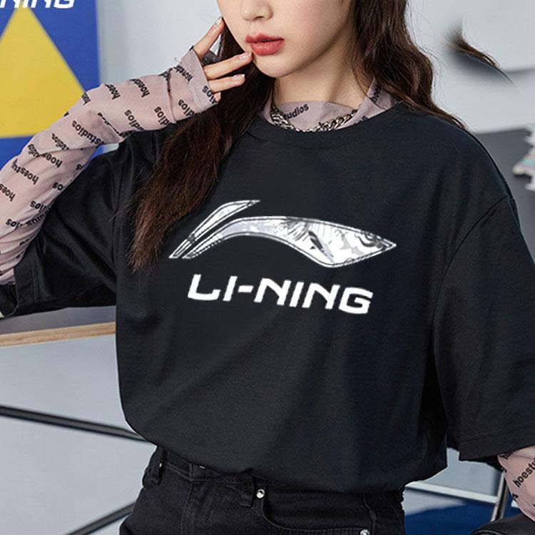 Li-Ning Logo Print Round Neck Short Sleeve T-Shirt Unisex T-Shirts Black ATST633-1