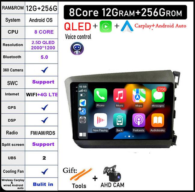 For HONDA INSIGHT 2 2009 2010 2011 2012 2013 2014 Android 14 Car Auto Radio Navi GPS Multimedia Player 4G+WIFI  Carplay Stereo