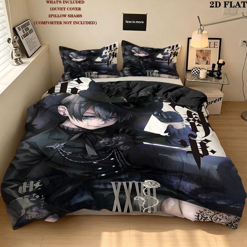 Black Butler Pattern Bedding Quilt Set Quilt Cover Pillowcase Home Birthday Gift(1 * duvet cover + 2 * pillowcase, without core)