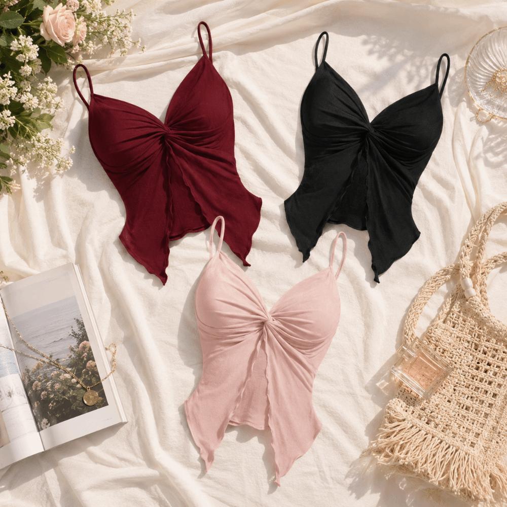 Hottie Twist Front Split Crop Top V Neck Y2K Sleeveless Camisole Slim Fit Streetwear Halter Neck Top Women