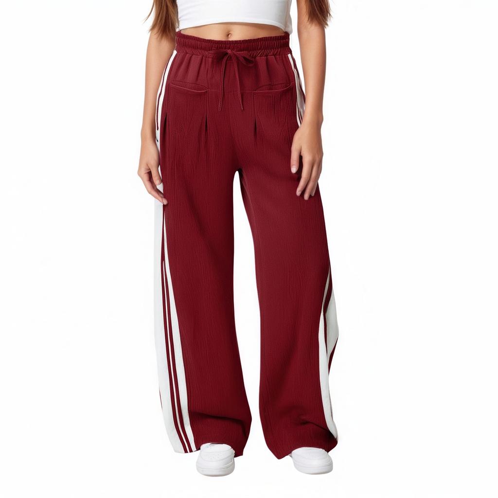 Women's Striped Side Loose Pants, Casual Waist Cinched Slanted Pocket Loose Pants