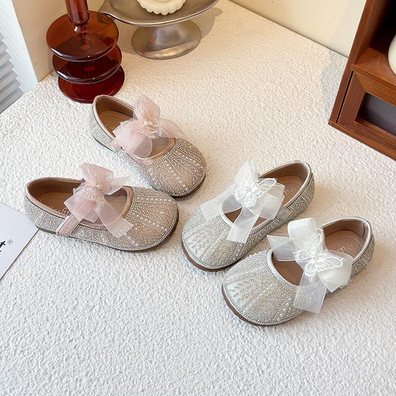 Girls Flat Shoes Mesh Lace Bows Sweet Butterfly Kids Leather Shoes Round Toes 2025 New Girls Princess Shoes Non-slip Pearl Sweet