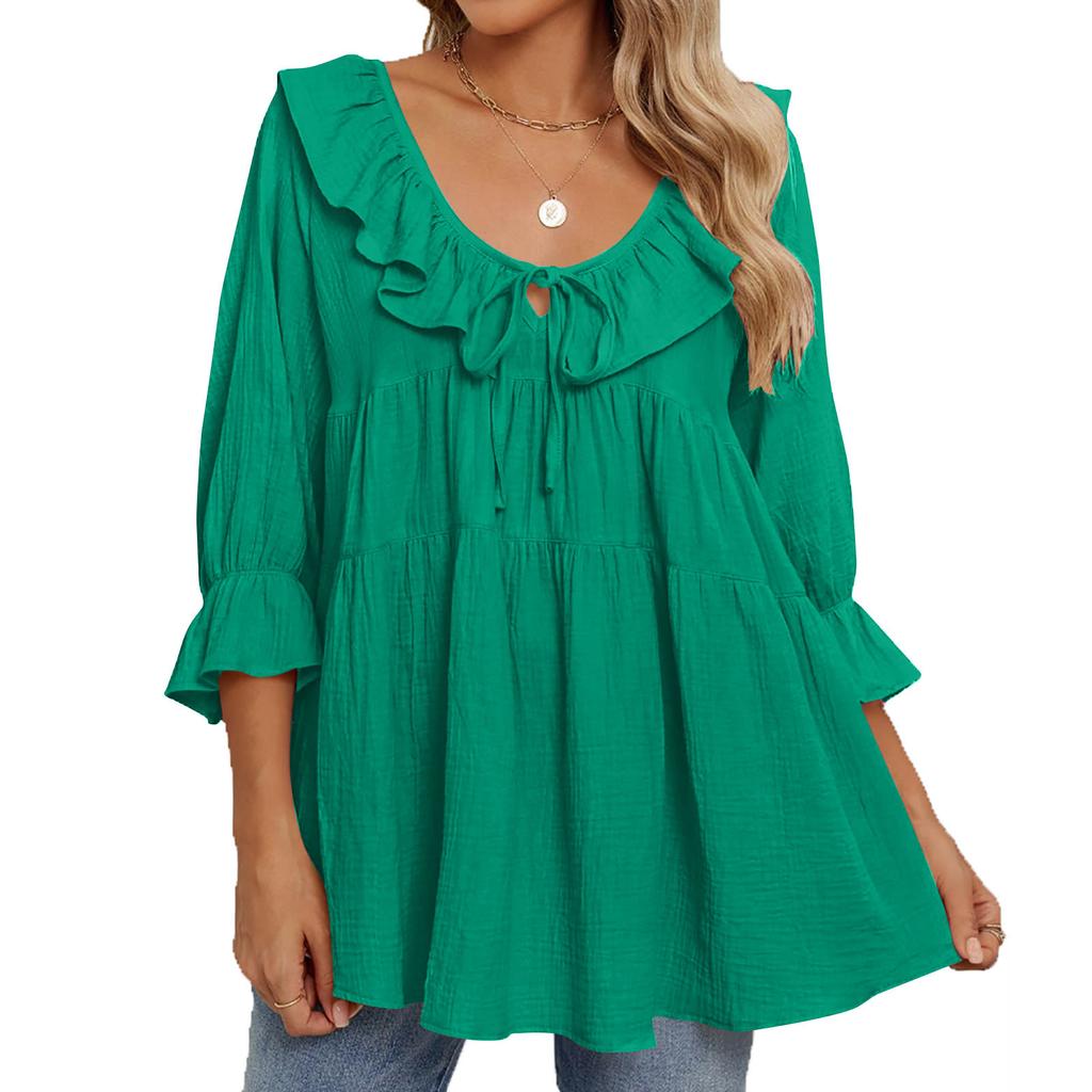 Women's V Neck Three Quarter Sleeve Ruffle Blouse Loose Fit Casual Solid Color Tunic Top