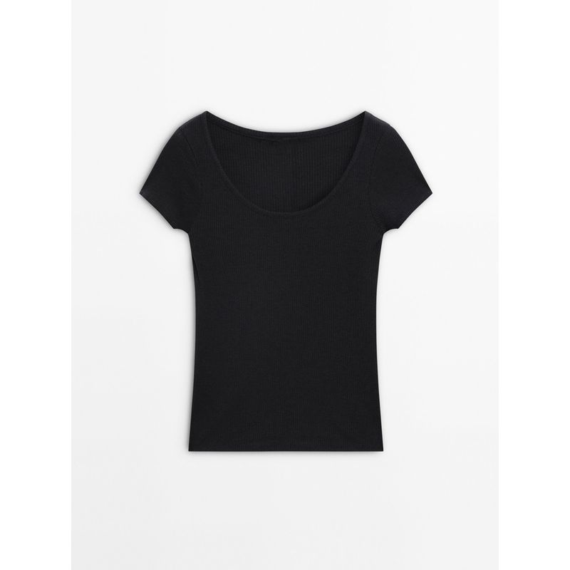 Za2024 Summer New Product Women's Clothes Casual Wind Pure Color Silm Rib U-Shaped Collar Short Sleeve T-shirt 06852578818