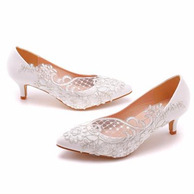 5cm Medium Heel Elegant Simple Lace Mesh Flower Wedding Shoes Pointy Toe High Heels Bridal Wedding Dress Shoes Spring and Autumn Single Shoes