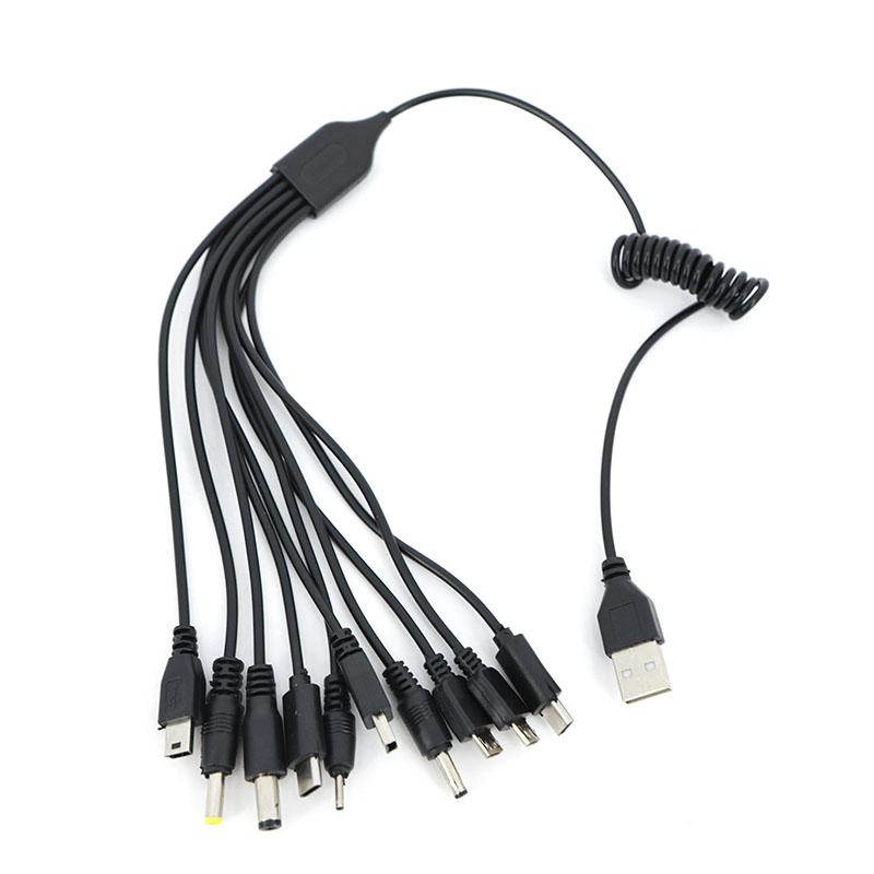 Universal 10 In 1 DC Micro USB Male Mobile Phone Spring Power 10pin Charger Adapter Plug Cable Charging Wire Cord for Phone Toys