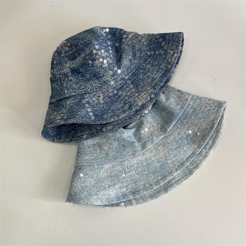 

Fashion denim sequined bucket hat women spring and summer travel versatile sunscreen visor casual foldable basin hat M（56-58cm） темно-синього кольору