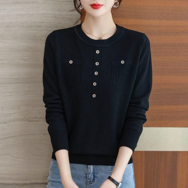 Pullover tröja rund halsad topp dam vår och höst västerländska lösa ytterkläder med tröjor och stickad tröja