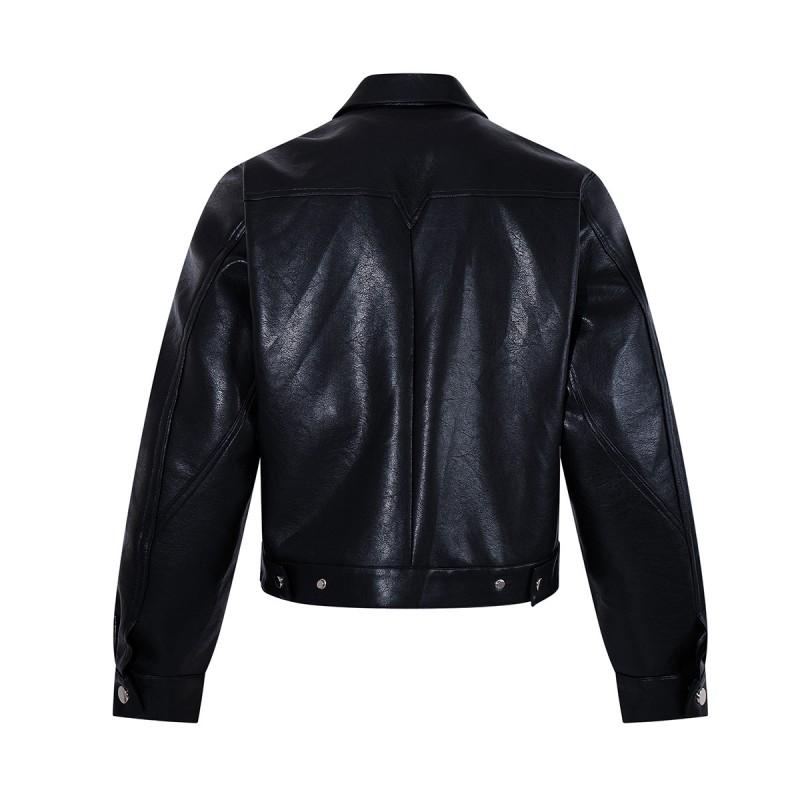 Mens Vintage PU Leather Moto Jacket Loose Fit Streetwear Casual Outerwear With Snap Decor