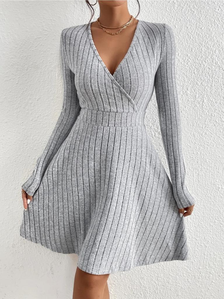 New for Autumn/Winter Women Knit Slim Sexy Bodycon Dress V-Neck Long Sleeve Dress Solid Casual Midi Sweater Dress