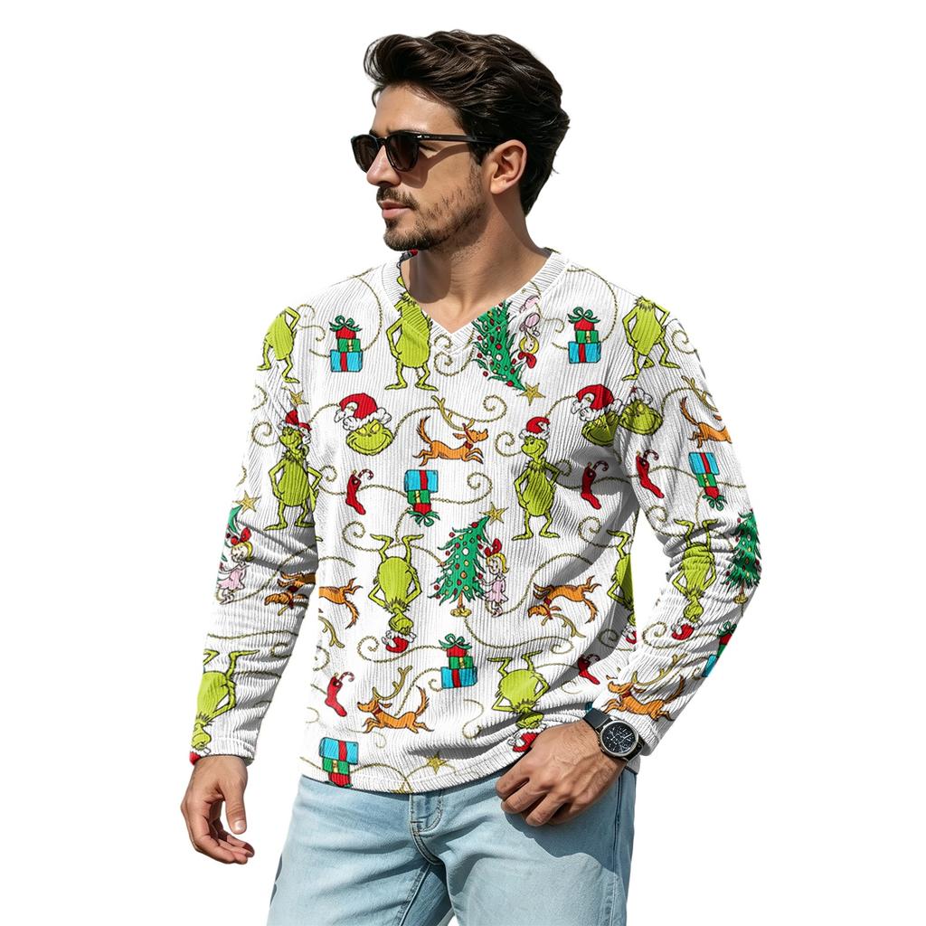 Men's Loose Fit V-Neck Christmas Print Street Casual Top