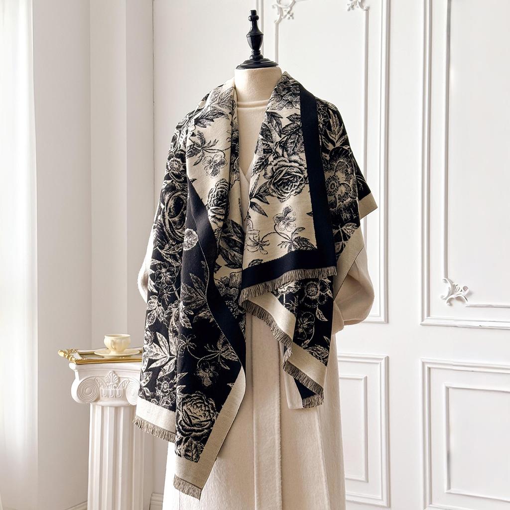 Elegant Floral Jacquard Pashmina Shawl for Women Winter Thick Warm Double Sided Tassel Design Coldproof Windproof Blanket Scarf