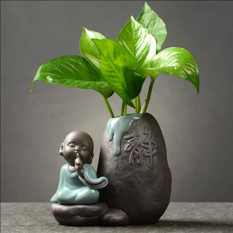 DXUIALOI Neu Chinesisch Kreativ Hydrokultur Pflanzen Chrysantheme Kupfer Geld Blumentopf Vase Zen Keramik Handwerk Heimdekoration