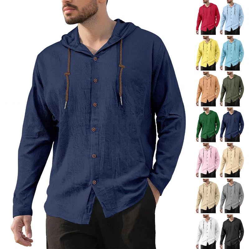 Spring and Summer Long Sleeve Men's Casual Shirt European Style Hooded Top Button Loose Shirt